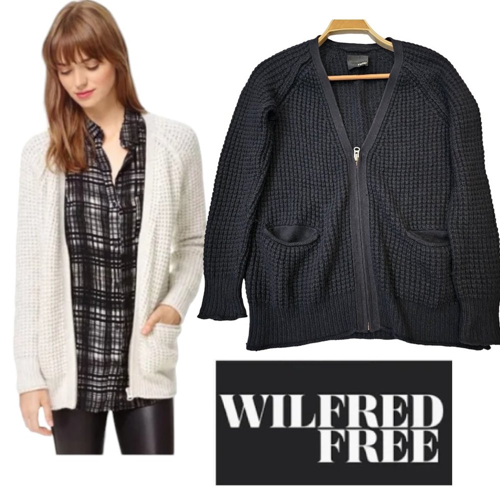 Aritzia Wilfred Free Black Waffle Knit Wool Alpaca Full Zip V-neck Cardigan M